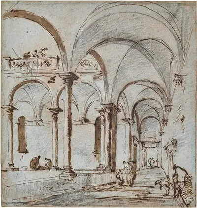 A vaulted courtyard with figures by Франческо Гуарди — digital art print download
