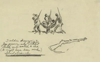 3 soldiers carrying a Jap[anese] prisoner who wouldn't (or couldn't) walk and wanted to die by Howard Brodie, 1942 —…