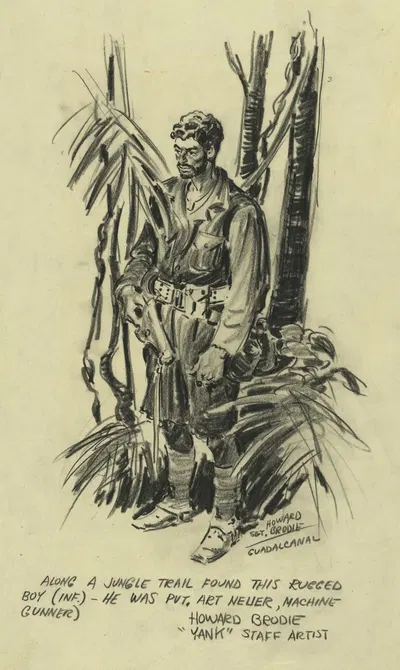 Along a jungle trail found this rugged boy (inf.) – he was Pvt. Art Neuer, machine gunnder by Howard Brodie, 1942-1943 —…