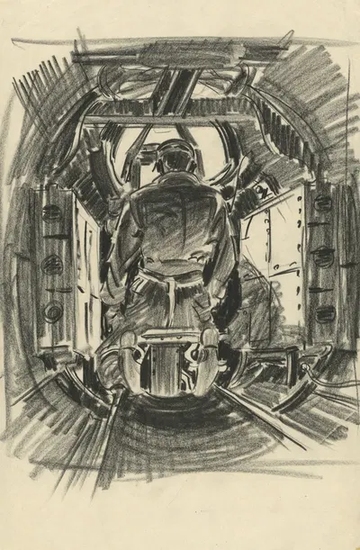 Gunner in a airplane bomber by Howard Brodie, 1943 — digital art print download