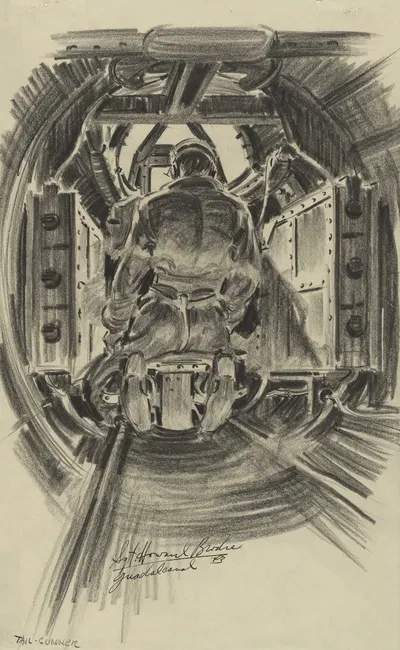 Gunner in an airplane bomber by Howard Brodie, 1943 — digital art print download