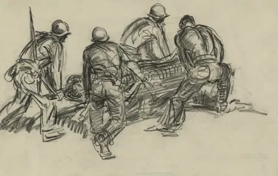 Impression – litter bearers Mt. Aestin [i.e. Mt. Austen] front – Guadalcanal by Howard Brodie, 1942-1943 — digital art…