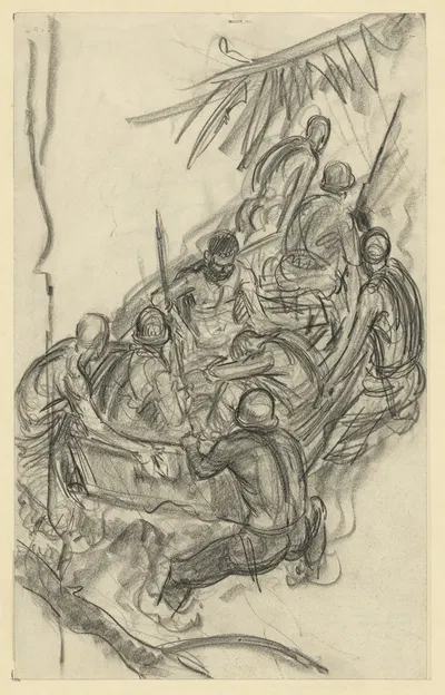 Impression bringing wounded down the Matanakau [e.g. Mataniko River] – Guadalcanal by Howard Brodie, 1942-1943 — digital…