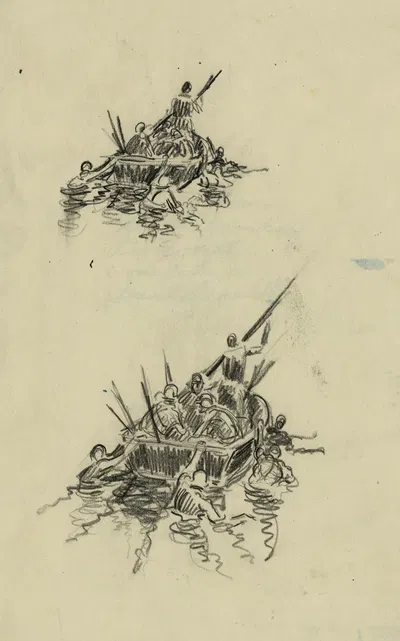 Impressions coming down the Matanakau [e.g. Mataniko] River with wounded – Guadalcanal by Howard Brodie, 1942-1943 —…
