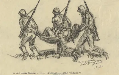 Infantrymen carrying back Japanese prisoner shelter-half by Howard Brodie, 1943 — digital art print download