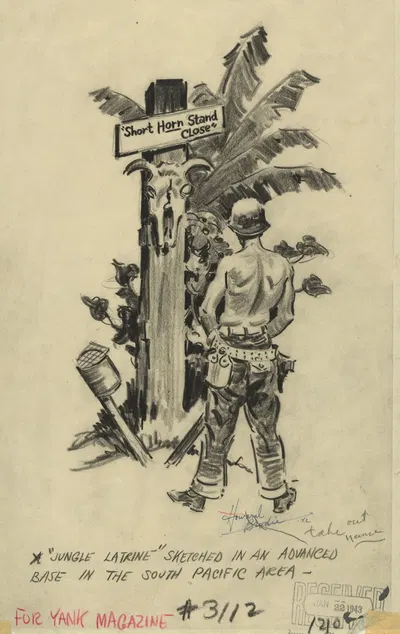 'Jungle latrine' sketched in an advanced base in the South Pacific area by Howard Brodie, 1942 — digital art print download