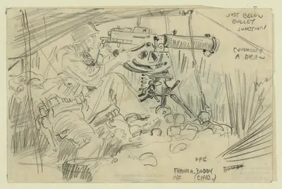 Just below bullet junction covering a draw PFC Frank R. Boddy Inf by Howard Brodie, 1942-1943 — digital art print download