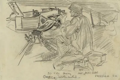 PFC John H. Minihan Rockford Ill 30 cal heavy water cooled gunner by Howard Brodie, 1942 — digital art print download
