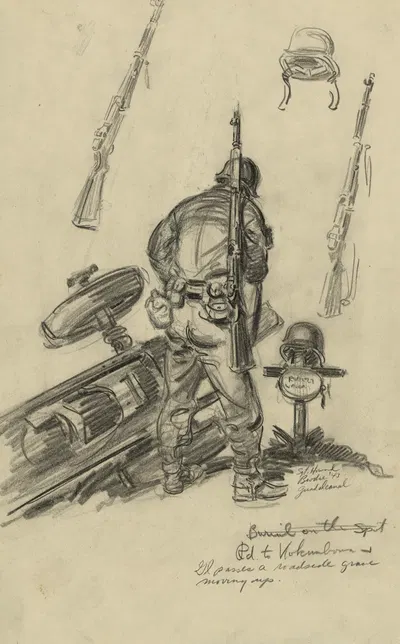 Rd. to Kokumbona a GI passes a roadside grave moving up by Howard Brodie, 1943 — digital art print download
