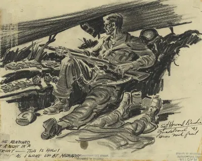 Scene in a Guadalcanal foxhole near the front at midnight by Howard Brodie, 1943 — digital art print download