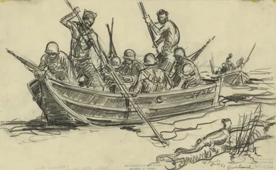 Soldiers going up the Matanakau River by Howard Brodie, 1943 — digital art print download