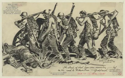 The stench of dead Japs[anese] was nauseating – Inf. on the road to Kokumbona – Guadalcanal – sketched between air alarms…