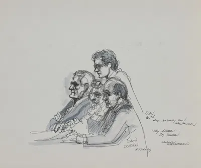 Attorneys Dan M. Burt and David M. Dorsen, and jury advisor Jay Schulman, with General William Westmoreland during the…