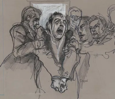"Son of Sam" serial killer David Berkowitz, handcuffed and screaming, as guards remove him from the courtroom where he…