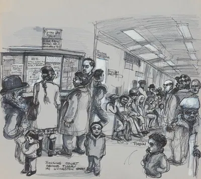 Interior view of a corridor at the Kings County Housing Court with many people of all ages waiting outside the "Housing…