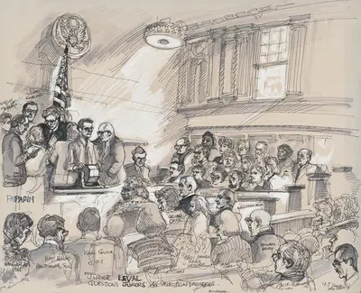 Judge Leval questions jurors as selection proceeds by Joseph Papin, 1984 — digital art print download