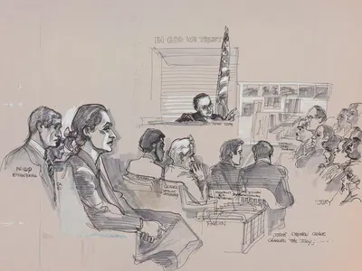 Judge Stephen Crane charges the jury by Joseph Papin, 1985 — digital art print download