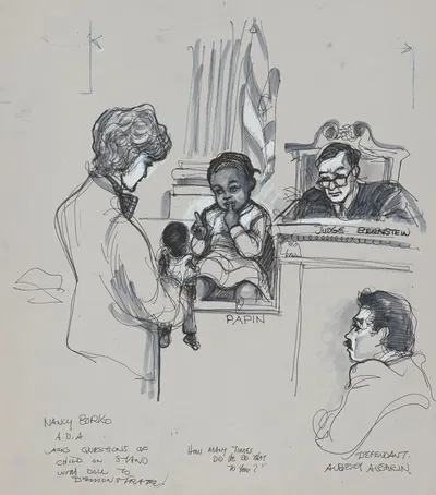 Nancy Borko A.D.A. asks questions of child on stand with doll to demonstrate "How many times did he do that to you?" by…