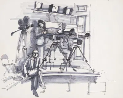 News and television cameras, perhaps related to the Senate Watergate hearings by Joseph Papin, 1973 — digital art print…
