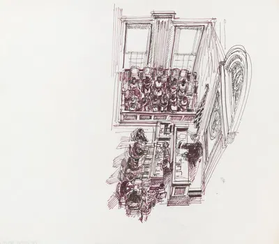 Overhead view of courtroom by Joseph Papin, 1988 — digital art print download