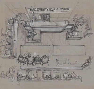 Overhead view of courtroom at New York State Supreme Court, Brooklyn. by Joseph Papin — digital art print download