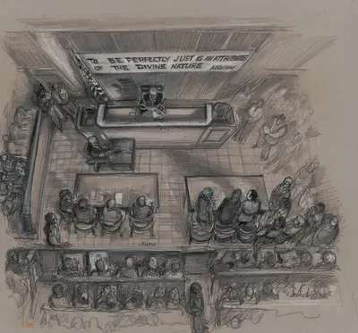 Overhead view of courtroom at New York State Supreme Court, Brooklyn by Joseph Papin — digital art print download