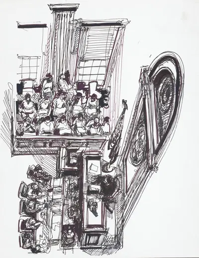Overhead view of courtroom by Joseph Papin, 1988 — digital art print download