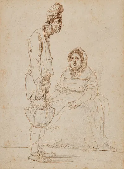 Caricatures of a man holding a basket and a seated woman by Vivant Denon — digital art print download