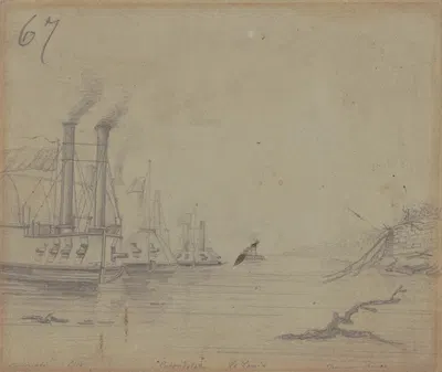 Gunboats on the Cumberland River, near Nashville [Tennessee], Carondolet in front by Адольф Мецнер, 1862 — digital art…