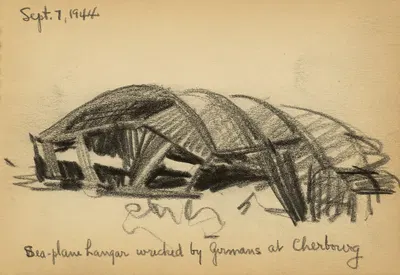 Sea-plane hangar wrecked by Germans at Cherbourg by Виктор Альфред Ланди, 1944 — digital art print download