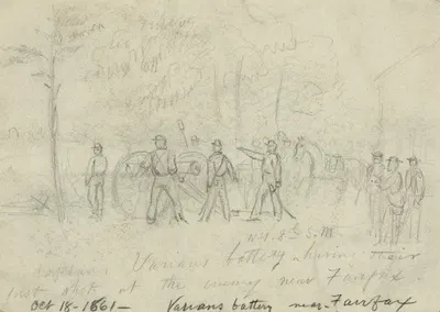Captain Varians battery N.Y. 8th S.M. having their first shot at the enemy near Fairfax by Альфред Рудольф Уод, 1861 —…