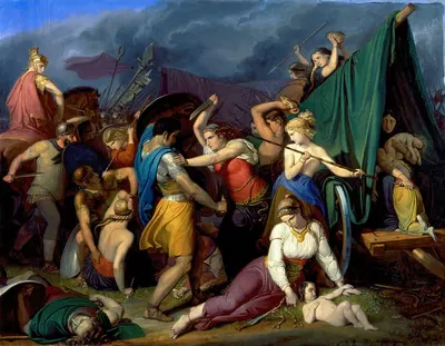 The Women of the Cimbers, defending their chariot against the Romans by Wilhelm Lindenschmit the Elder, 1836 — digital art…