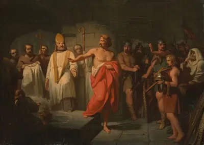 King Radbout refuses to be baptised, Anno 719 by Jacobus van Dijck, 1832 – 1896 — digital art print download
