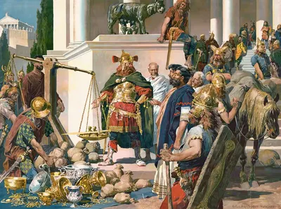 Северные военные, ведающие переговоры с римлянами о золоте, серебряных чашах и монетах by Антон Хоффман, 1910 — digital art…