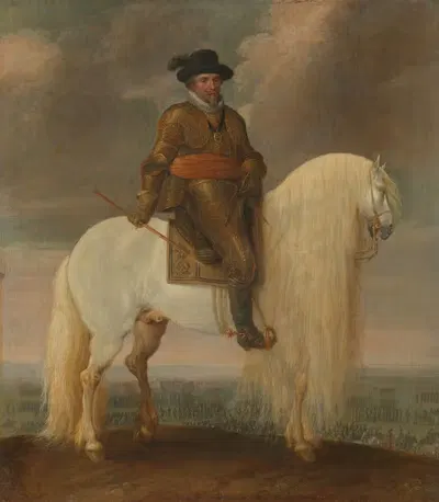 Prince Maurits astride the white Warhorse presented to him after his Victory at Nieuwpoort by Pauwels van Hillegaert —…