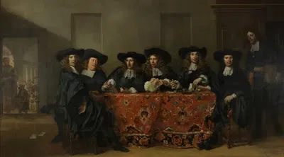 Six Regents and the Housemaster of the Oude Zijds Institute for the Outdoor Relief of the Poor, Amsterdam, 1675 by Pieter…