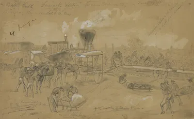Bringing wounded soldiers to the cars after the battle of Seven Pines by Arthur Lumley, 1862 — digital art print download