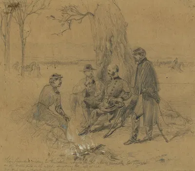 Gen. Burndside visiting Gn. Franklin giving him the order to evacuate his position-on the battlefield on the right, Sunday…