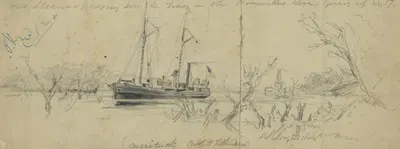 Our Steamers passing sunken trees in the Pomonkey[sic] River, going up May 17th by Arthur Lumley, 1862 — digital art print…