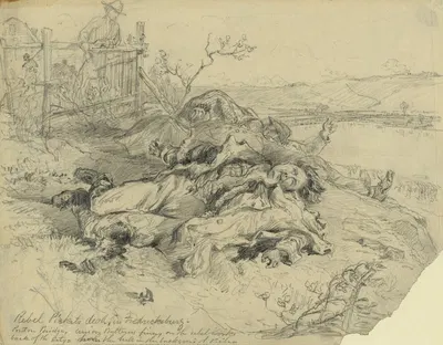 Rebel pickets dead, in Fredericksburg. Pontoon bridge, Union batteries firing on the rebel works back of the city. by…