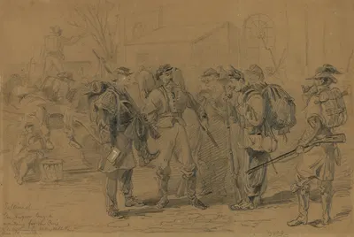 Soldiers of Gen Augurs Brigade waiting for the cars to take them to Uptons Hill, Va. their old camp by Arthur Lumley, 1862…