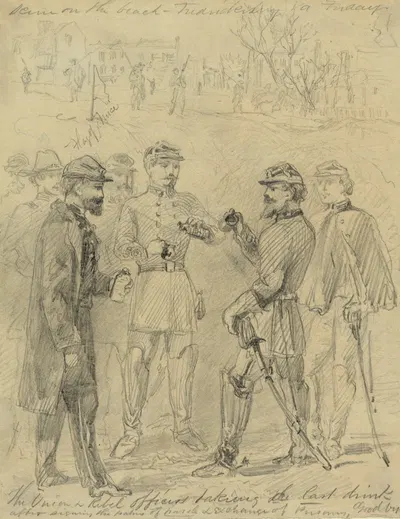 The Union & rebel officers taking the last drink after signing the papers of parole & exchange of prisoners, goodbye by…