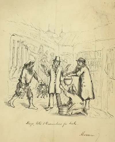 Dogs, pots & cucumbers for sale. Moscow by Баярд Тейлор, 1862-1863 — digital art print download
