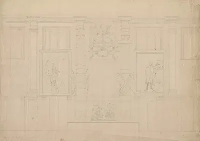 Interior wall with architectural ornaments of the U.S. Capitol building with portrait of George Washington at Dorchester…