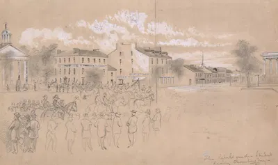 The rebels under Stuart leaving Chambersburg by John R. Chapin, 1864 — digital art print download