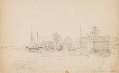 View of the stores at the mouth of the Mill River with the English sloop at anchor taken from the ground Walter Perrys by…