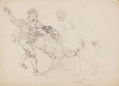 A boy and a girl playing with a large dog by Richard Sanger Smith, 1840 — digital art print download
