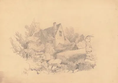 Landscape with a house hidden behind trees and a stone wall by Richard Sanger Smith, 1815-1844 — digital art print download