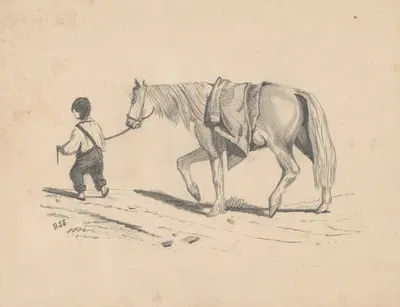 Pencil exercise, no. 4 – boy leading horse by Richard Sanger Smith, 1842 — digital art print download
