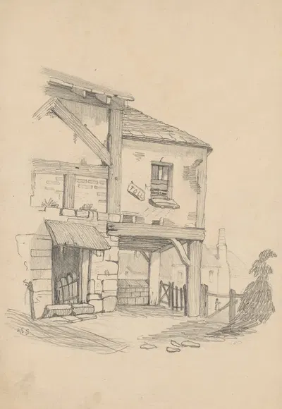 Pencil exercise, no. 6 – rustic half-timbered toll house by Richard Sanger Smith, 1845 — digital art print download